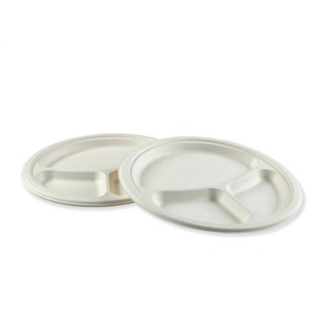 Boardwalk Bagasse Molded Fiber Dinnerware, 3-Compartment Plate, 10"D, 500/Carton