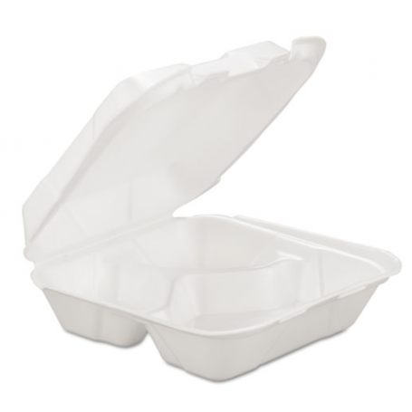 Gen Foam Hinged Carryout Container, 3-Comp, White, 8 X 8 1/4 X 3, 200/Carton