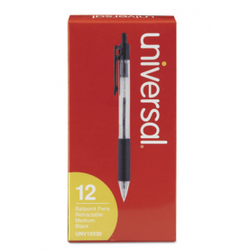 universal Comfort Grip Retractable Ballpoint Pen, 1mm, Black Ink, Clear Barrel, Dozen