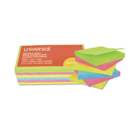 universal Self-Stick Note Pads, 3 x 3, Assorted Neon Colors, 100-Sheet, 12/Pack