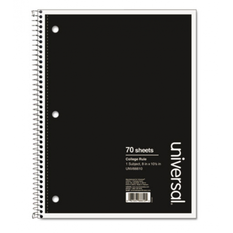 universal Wirebound Notebook, 1 Subject, Medium/College Rule, Black Cover, 10.5 x 8, 70 Pages